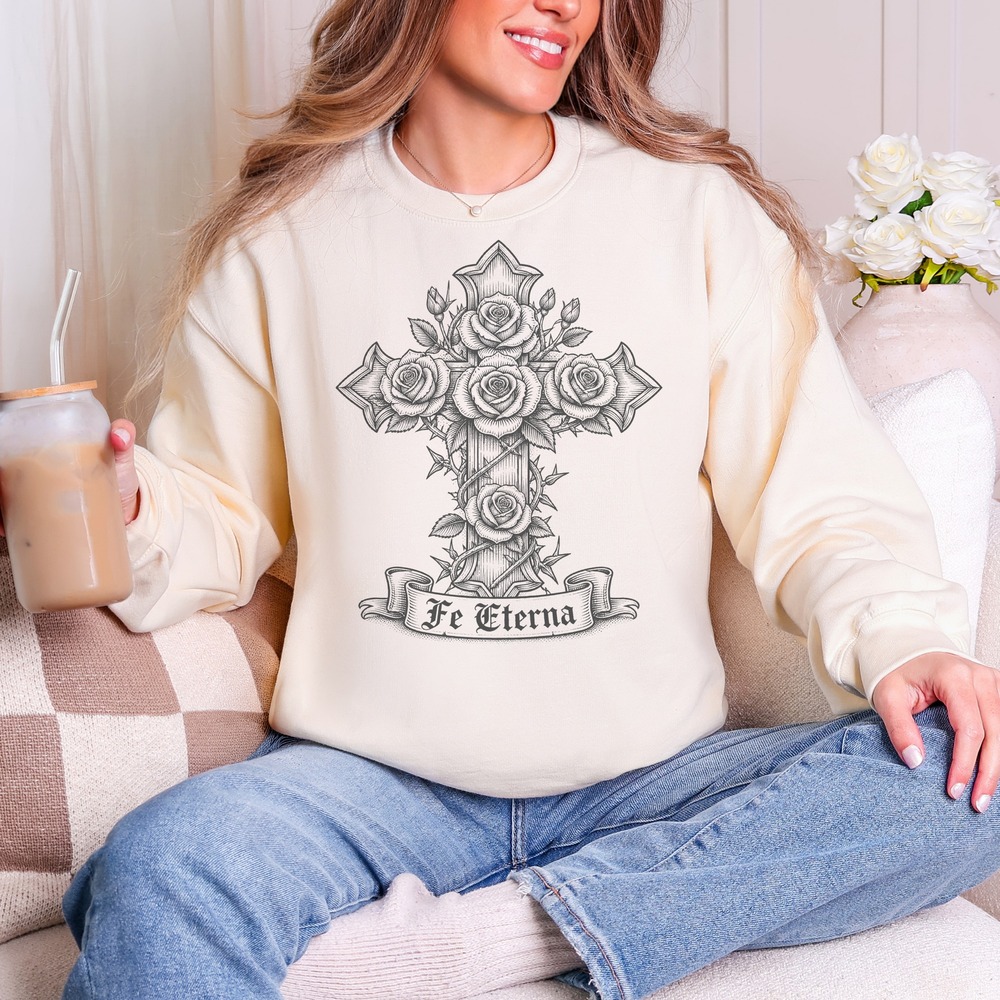 Fe Eterna Cross Wrapped in Roses and Thorned Vines Sweatshirt